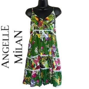 Angelle Milan Women’s Green Floral Cotton Fit&Flare Mini Dress Size M